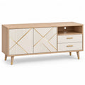 Meuble TV rectangulaire en MDF et panneaux de particules, chêne clair, beige et doré, 140 × 40 × 60 cm
