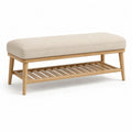 Banc rectangulaire en bois avec assise en tissu beige et étagère à chaussures, 120 x 40 x 48 cm