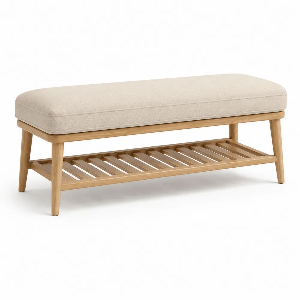 Banc rectangulaire en bois avec assise en tissu beige et étagère à chaussures, 120 x 40 x 48 cm