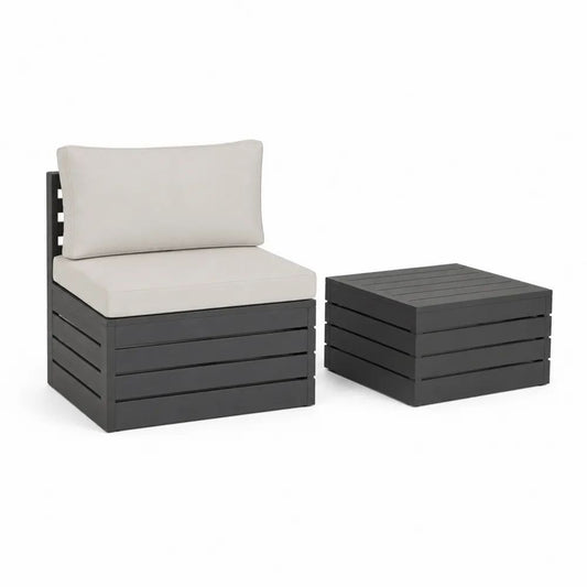 Salon de jardin extérieur 2 pièces en pin massif gris anthracite avec fauteuil 63,5 x 63,5 x 62,5 cm, table basse 63,5 x 63,5 x 28,5 cm et coussins crème