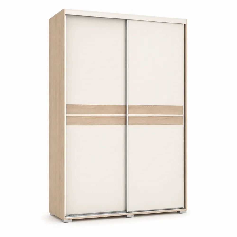 Armoire-penderie à 2 portes coulissantes en panneaux de particules mélaminés, blanc cassé et chêne clair, 150 × 60 × 215 cm