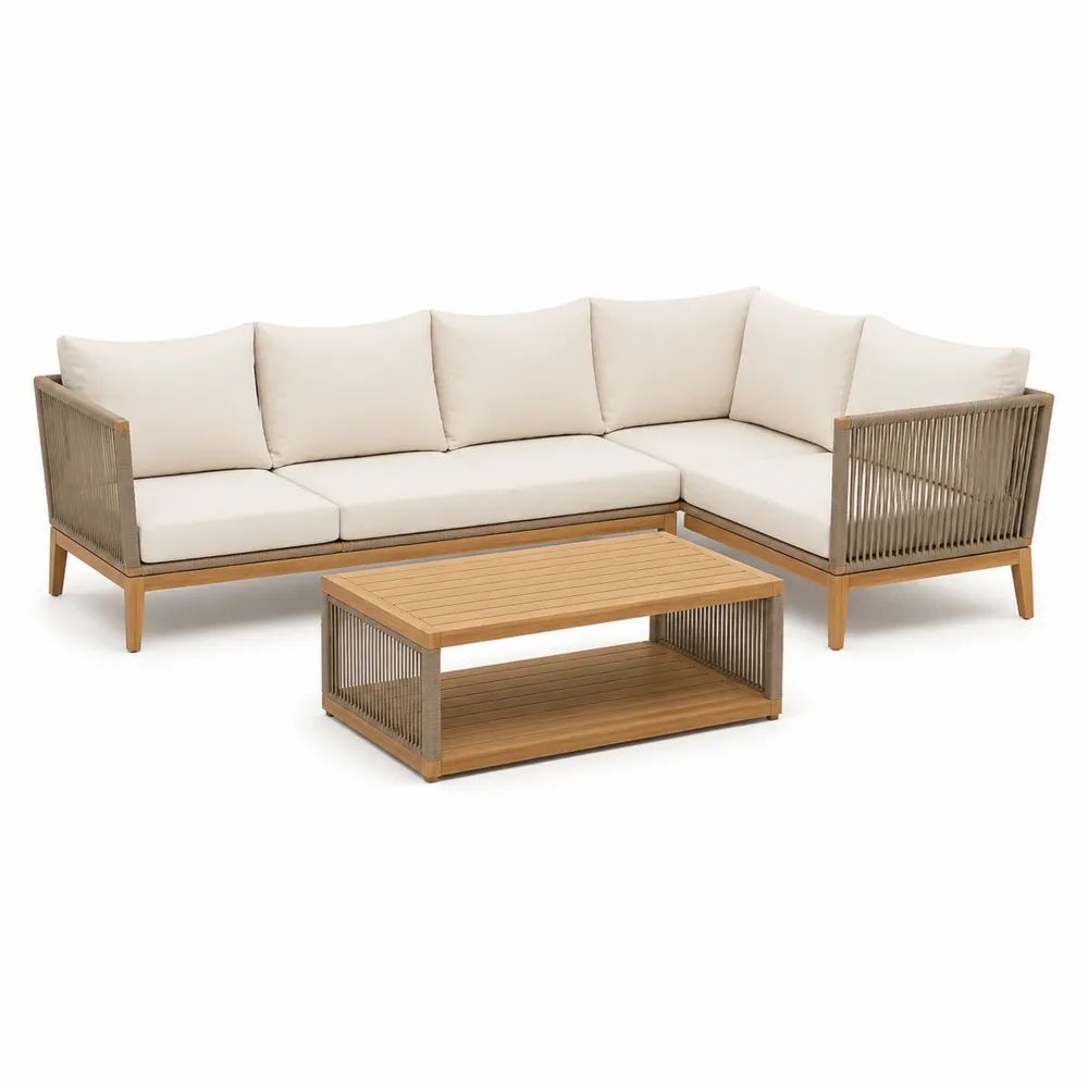 Salon de jardin d’angle extérieur 5 places en bois, corde et tissu, avec table basse, brun naturel, taupe et écru, 260 × 190 × 74 cm