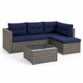 Salon de jardin d’angle 4 places avec table basse en résine tressée, gris et bleu marine, canapé 190 × 130 × 74 cm, table 65 × 65 × 35 cm