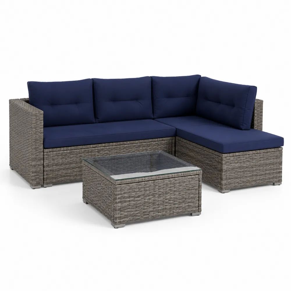 Salon de jardin d’angle 4 places avec table basse en résine tressée, gris et bleu marine, canapé 190 × 130 × 74 cm, table 65 × 65 × 35 cm