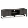 Meuble TV bas rectangulaire en bois et métal, brun foncé et noir, 2 portes et 2 niches, 160 × 40 × 60 cm