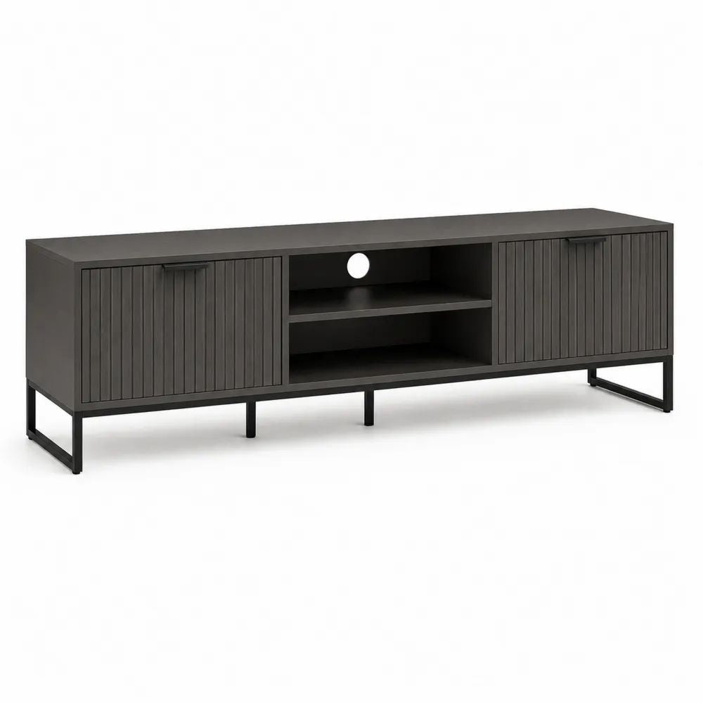 Meuble TV bas rectangulaire en bois et métal, brun foncé et noir, 2 portes et 2 niches, 160 × 40 × 60 cm