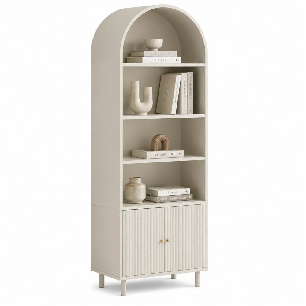 Bibliothèque arquée avec placard, 3 étagères en bois beige, 70 × 35 × 180 cm