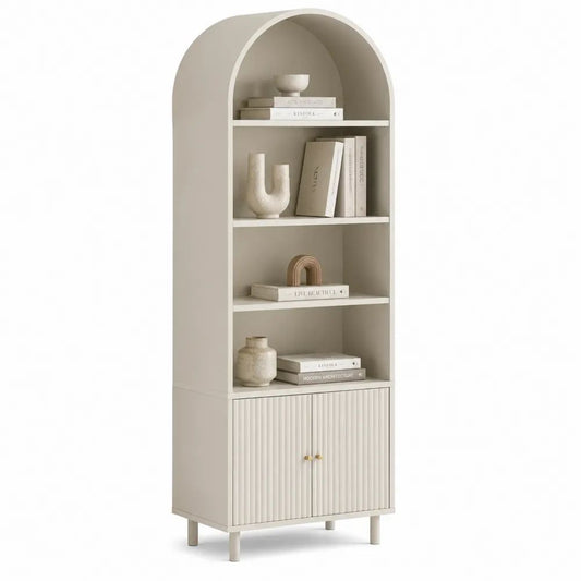 Bibliothèque arquée avec placard, 3 étagères en bois beige, 70 × 35 × 180 cm