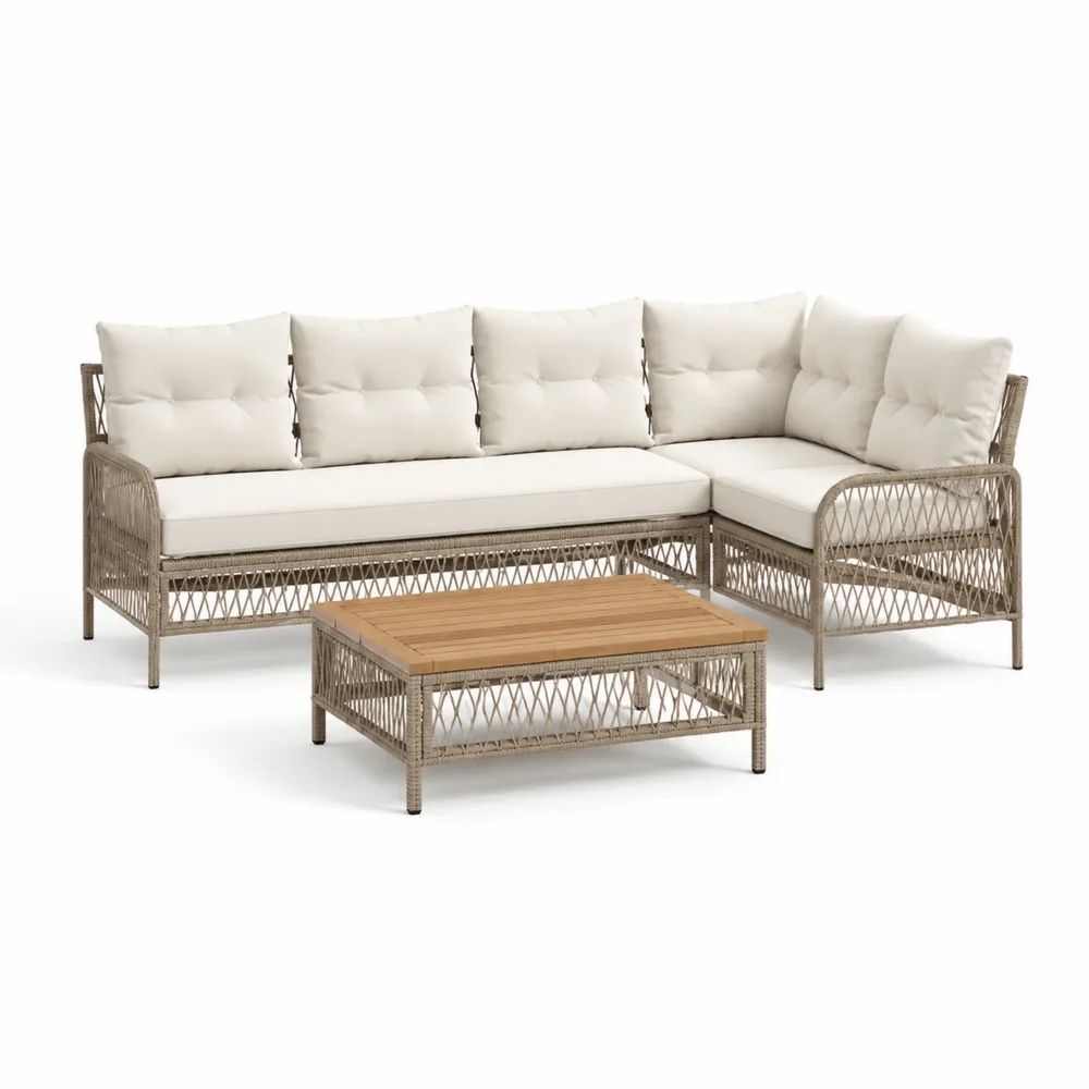 Salon de jardin 3 éléments avec canapé d’angle droit 5 places en résine tressée taupe, coussins écrus et table basse en bois, 220 × 175 × 75 cm