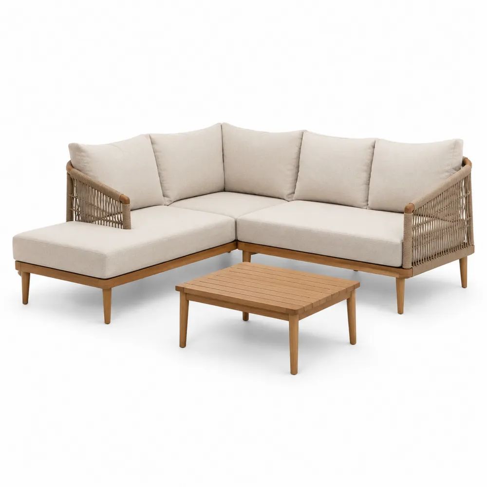 Salon de jardin d’angle 3 pièces en bois massif, corde taupe et tissu beige écru, canapé 228 × 151 × 79 cm et table 75 × 75 × 35 cm