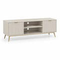 Meuble TV rectangulaire beige et doré en panneaux de particules, MDF et acier, 2 portes coulissantes et 2 niches, 160 x 40 x 60 cm