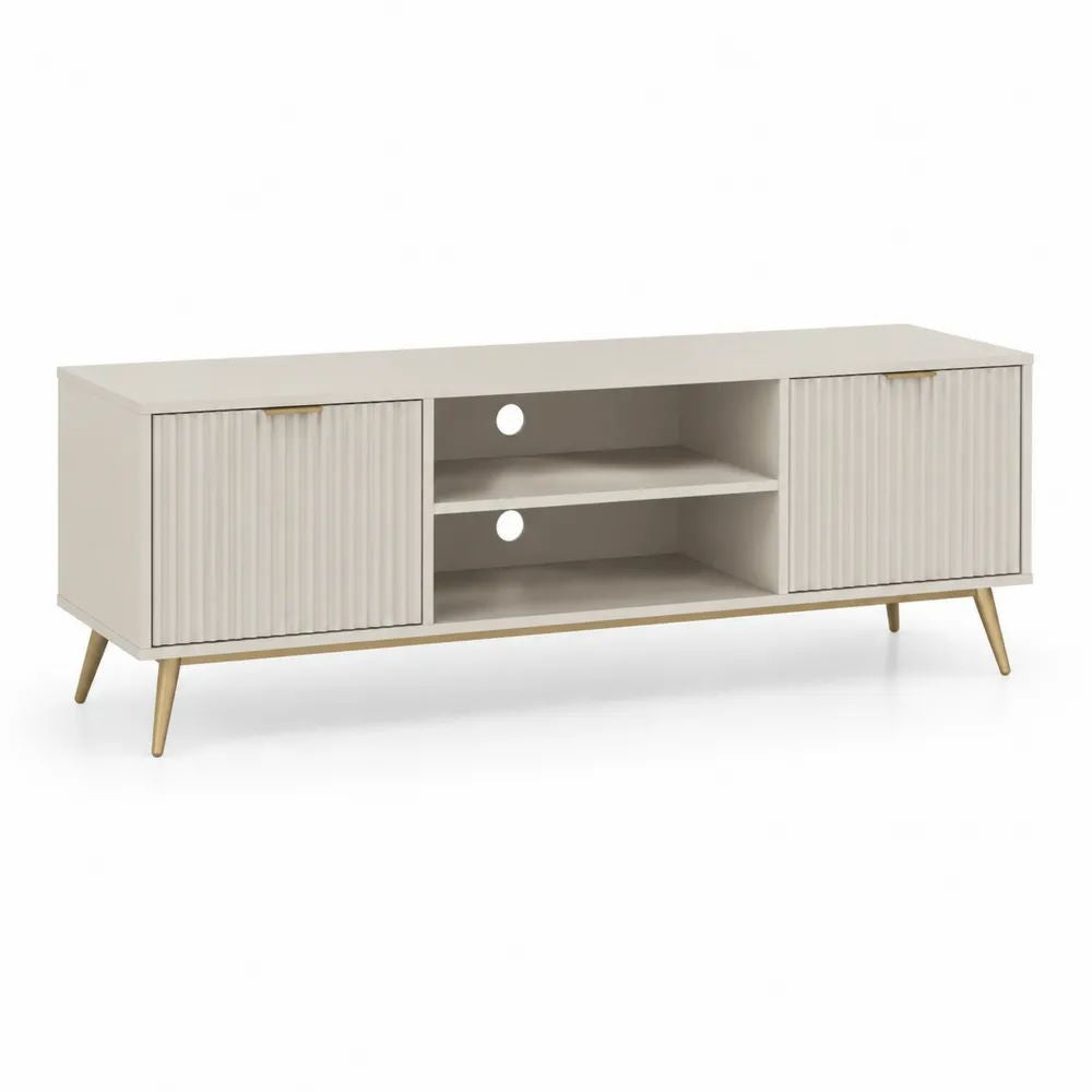 Meuble TV rectangulaire beige et doré en panneaux de particules, MDF et acier, 2 portes coulissantes et 2 niches, 160 x 40 x 60 cm