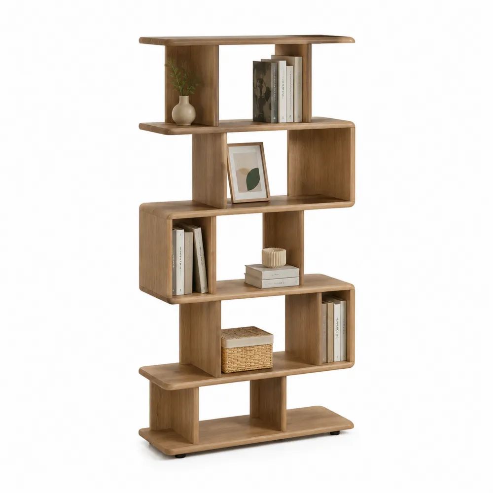Bibliothèque de rangement asymétrique à 6 niveaux en MDF plaqué chêne brun, 90 × 25 × 180 cm
