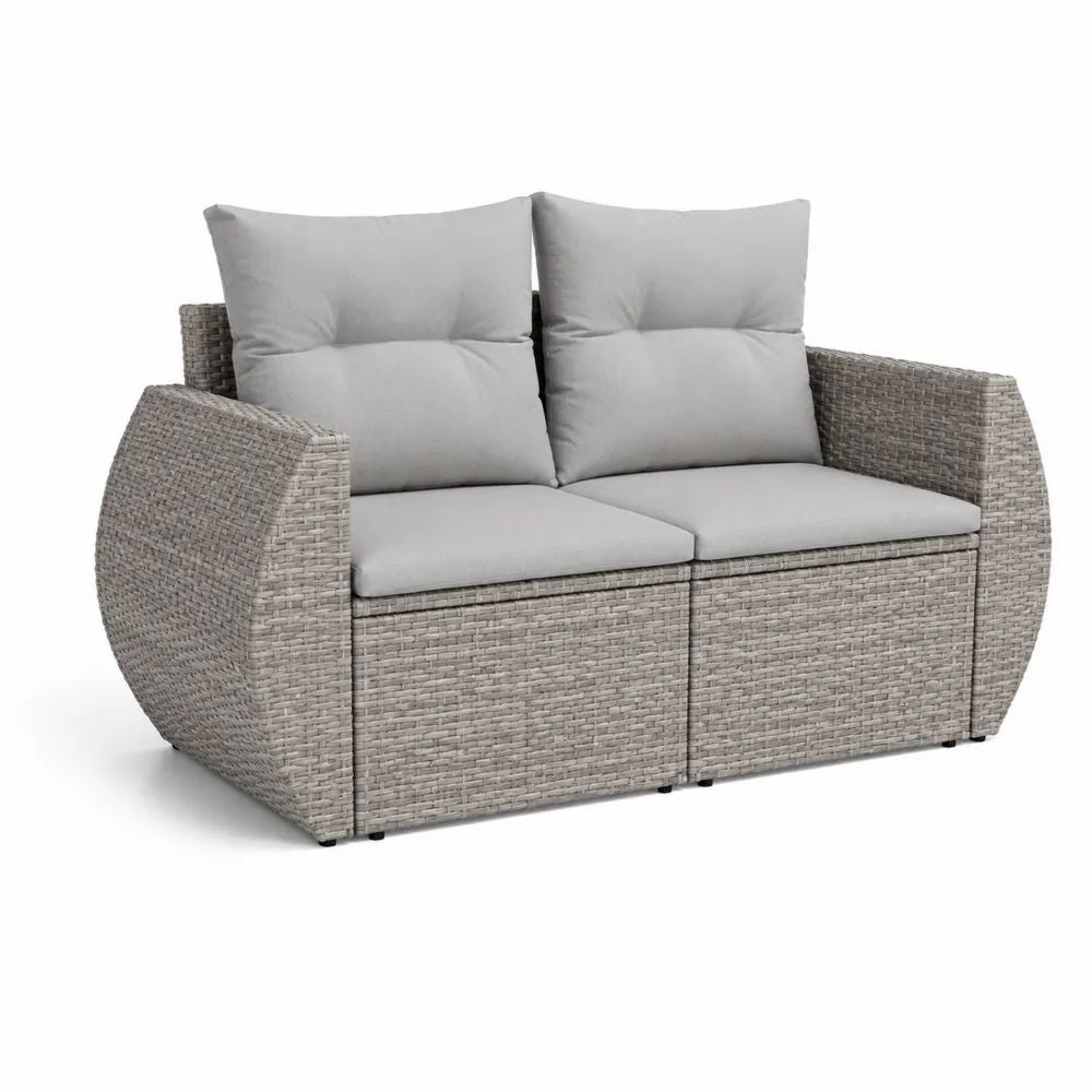 Canapé de jardin modulable 2 places en résine tressée et acier gris avec coussins gris clair, 4 éléments, 156 x 75 x 84 cm