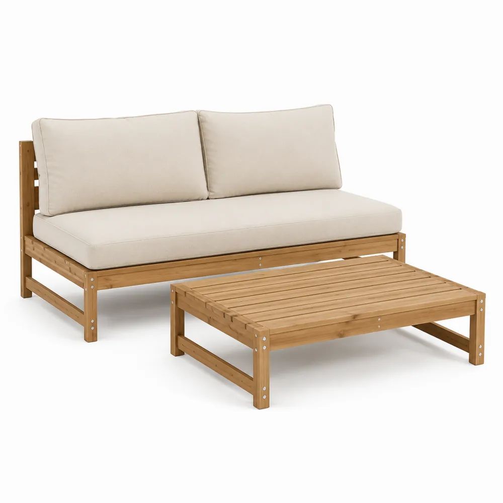 Salon de jardin extérieur 2 pièces en bois d’acacia massif, canapé 2 places 150 × 70 × 75 cm et table basse 100 × 60 × 35 cm, marron naturel et beige