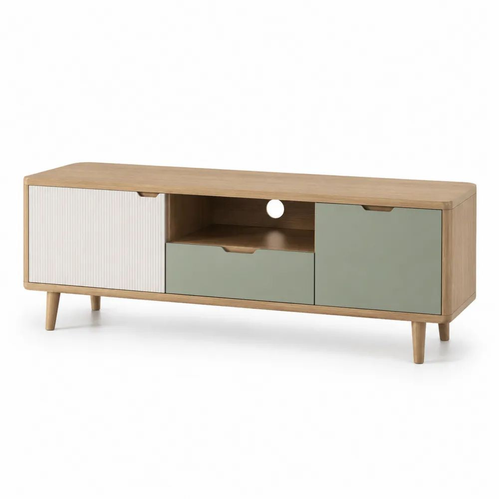 Meuble TV rectangulaire en panneaux de particules et MDF avec 2 portes, 1 tiroir et niche passe-câbles, chêne naturel, blanc et vert sauge, 140 × 40 × 55 cm