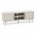 Meuble TV bas avec 2 portes rainurées et 2 niches en MDF et panneaux mélaminés beige clair et doré, 150 × 40 × 58 cm