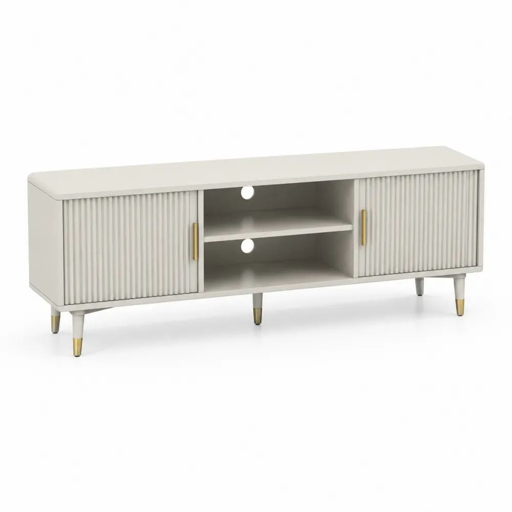 Meuble TV bas avec 2 portes rainurées et 2 niches en MDF et panneaux mélaminés beige clair et doré, 150 × 40 × 58 cm
