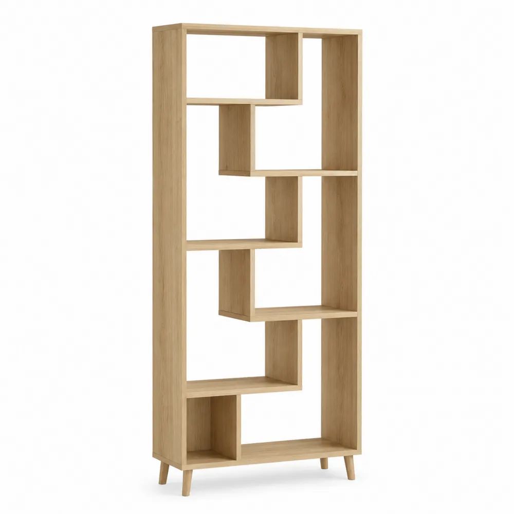 Bibliothèque étagère ouverte en panneaux de particules mélaminés, chêne naturel, 8 niches, 80 x 24 x 180 cm
