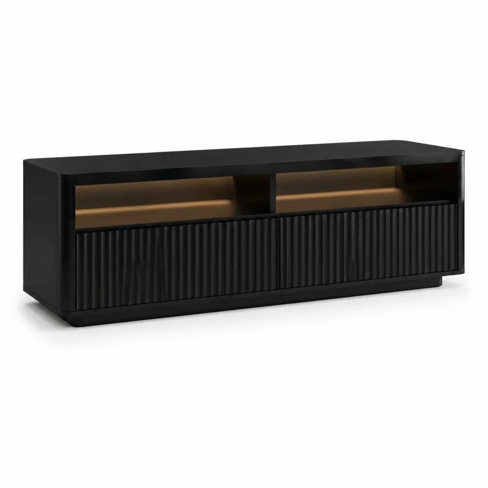 Meuble TV bas rectangulaire en MDF noir avec rangements et éclairage LED, 180 × 40 × 60 cm