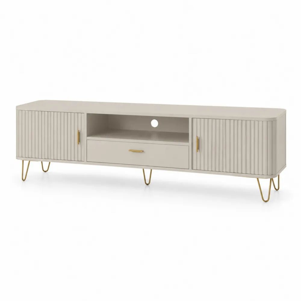 Meuble TV rectangulaire en MDF et acier Grège/Doré 160 × 40 × 55 cm avec 2 portes, 1 tiroir et 1 niche