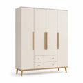 Armoire-penderie 4 portes et 2 tiroirs en panneaux de particules mélaminés, blanc cassé, doré et bois naturel, 160 × 50 × 200 cm