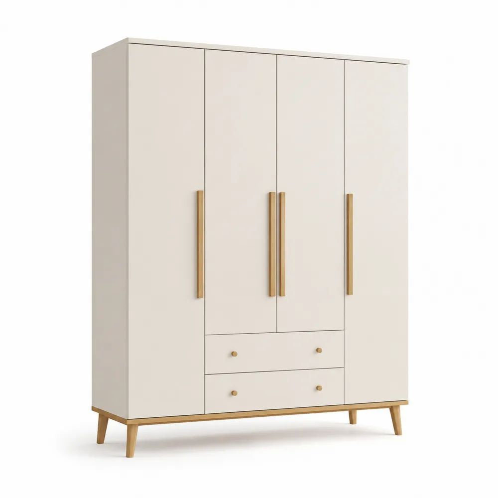 Armoire-penderie 4 portes et 2 tiroirs en panneaux de particules mélaminés, blanc cassé, doré et bois naturel, 160 × 50 × 200 cm