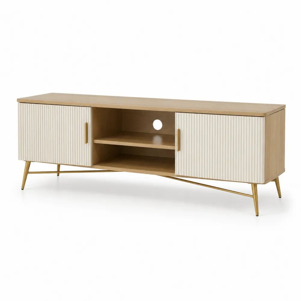 Meuble TV avec rangements en MDF et acier, 150 x 40 x 58 cm, chêne clair, blanc cassé et doré