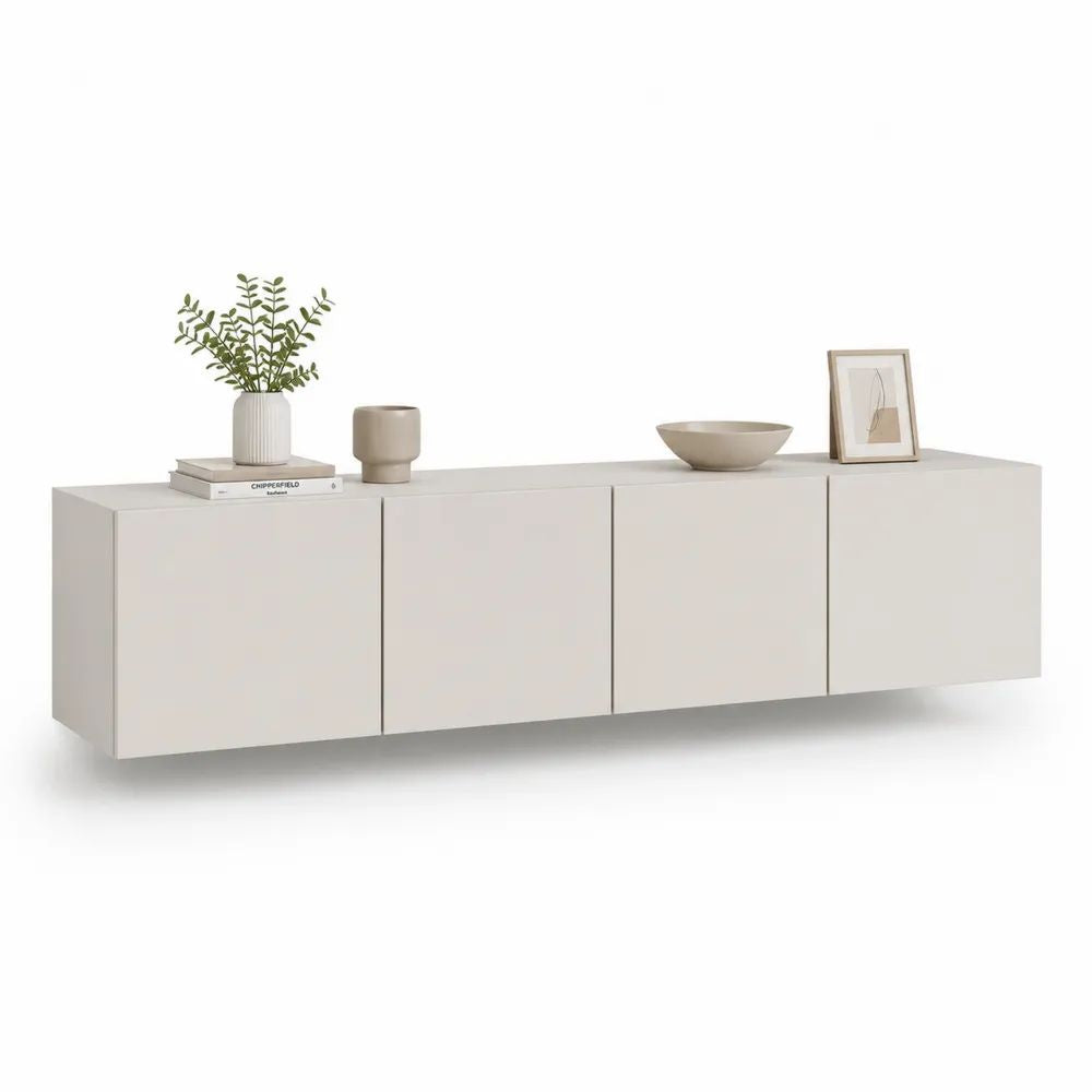 Meuble TV mural suspendu en panneaux de particules, beige clair mat, 4 caissons à portes, 200 x 35 x 40 cm