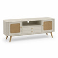 Meuble TV rectangulaire en MDF et rotin, 2 portes, 2 tiroirs et niche, beige clair et naturel, 140 × 40 × 60 cm