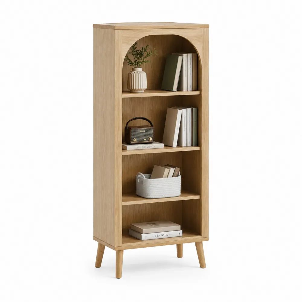 Bibliothèque colonne en MDF plaqué chêne à 4 compartiments avec ouverture arquée, chêne clair, 60 × 30 × 150 cm
