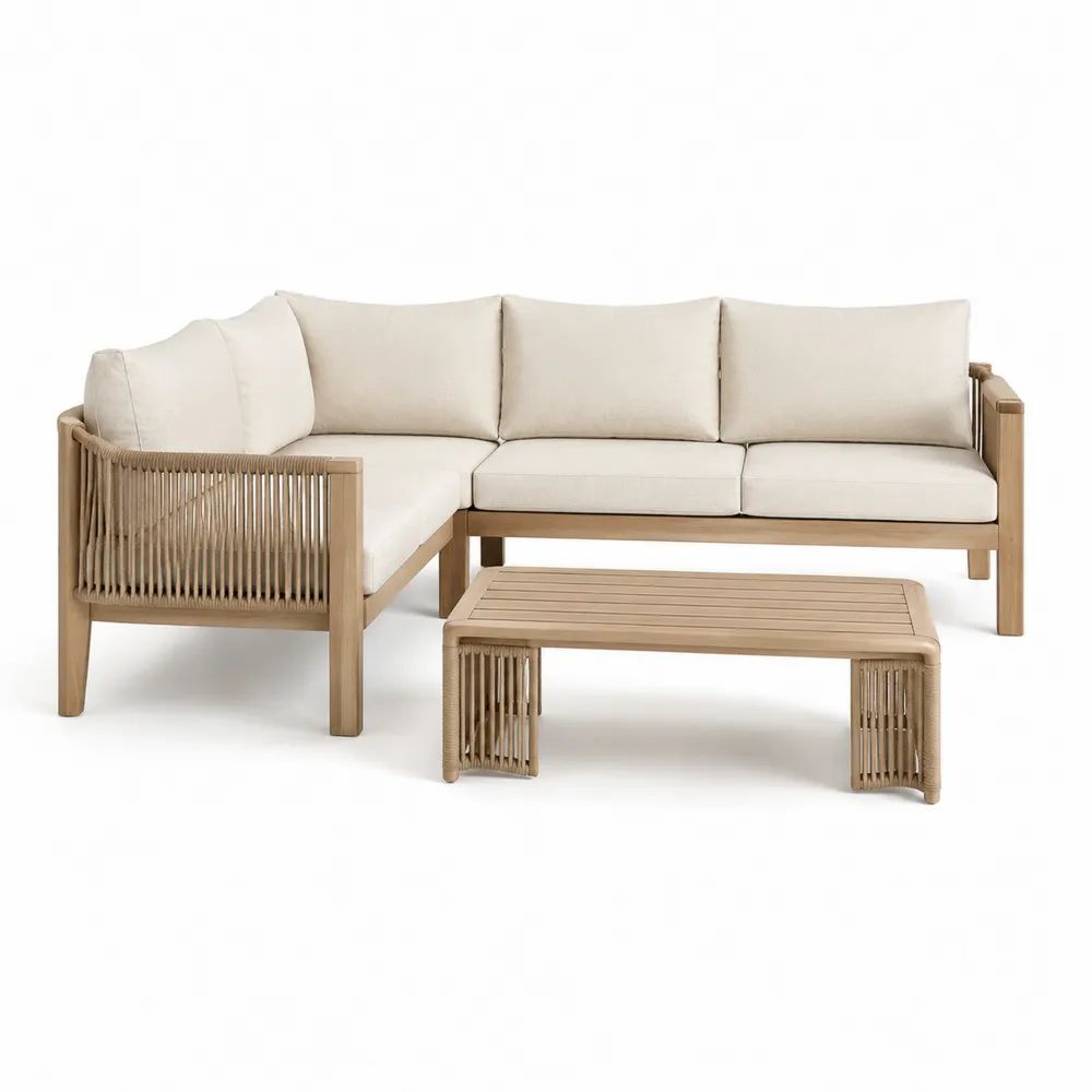 Salon de jardin extérieur 4 places en bois, canapé d’angle en L 234 × 160 × 76 cm et table basse 110 × 55 × 38 cm, beige