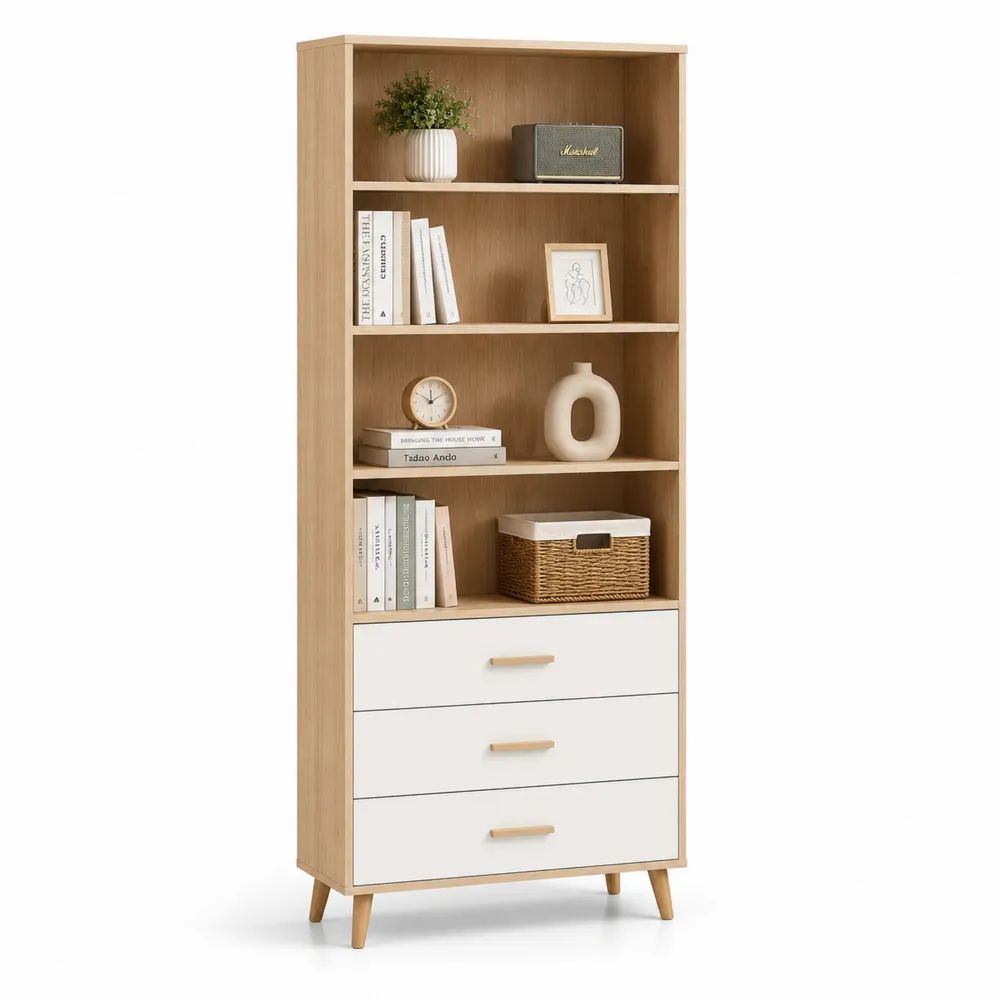 Bibliothèque en bois avec 4 niches et 3 tiroirs, chêne clair et blanc, 70 × 35 × 180 cm