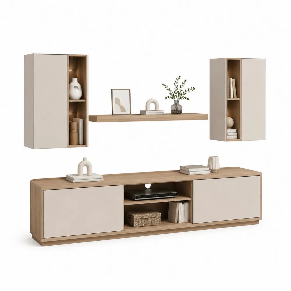 Ensemble meuble TV mural 4 pièces en bois et métal beige et chêne clair, meuble bas 180 × 40 × 50 cm, 2 meubles hauts 50 × 30 × 90 cm et étagère 100 × 20 cm