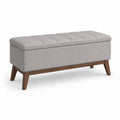 Banc coffre rectangulaire rembourré en tissu gris clair et bois massif marron noyer, 110 × 40 × 48 cm
