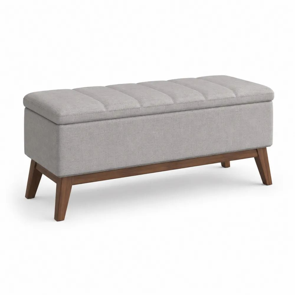 Banc coffre rectangulaire rembourré en tissu gris clair et bois massif marron noyer, 110 × 40 × 48 cm