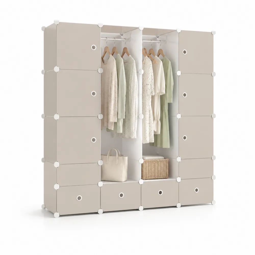 Armoire-penderie modulable en plastique et acier, 147 × 47 × 183 cm, beige clair et blanc