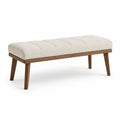 Banc rectangulaire rembourré en bouclette polyester et bois massif, écru et noyer, 120 × 45 × 48 cm
