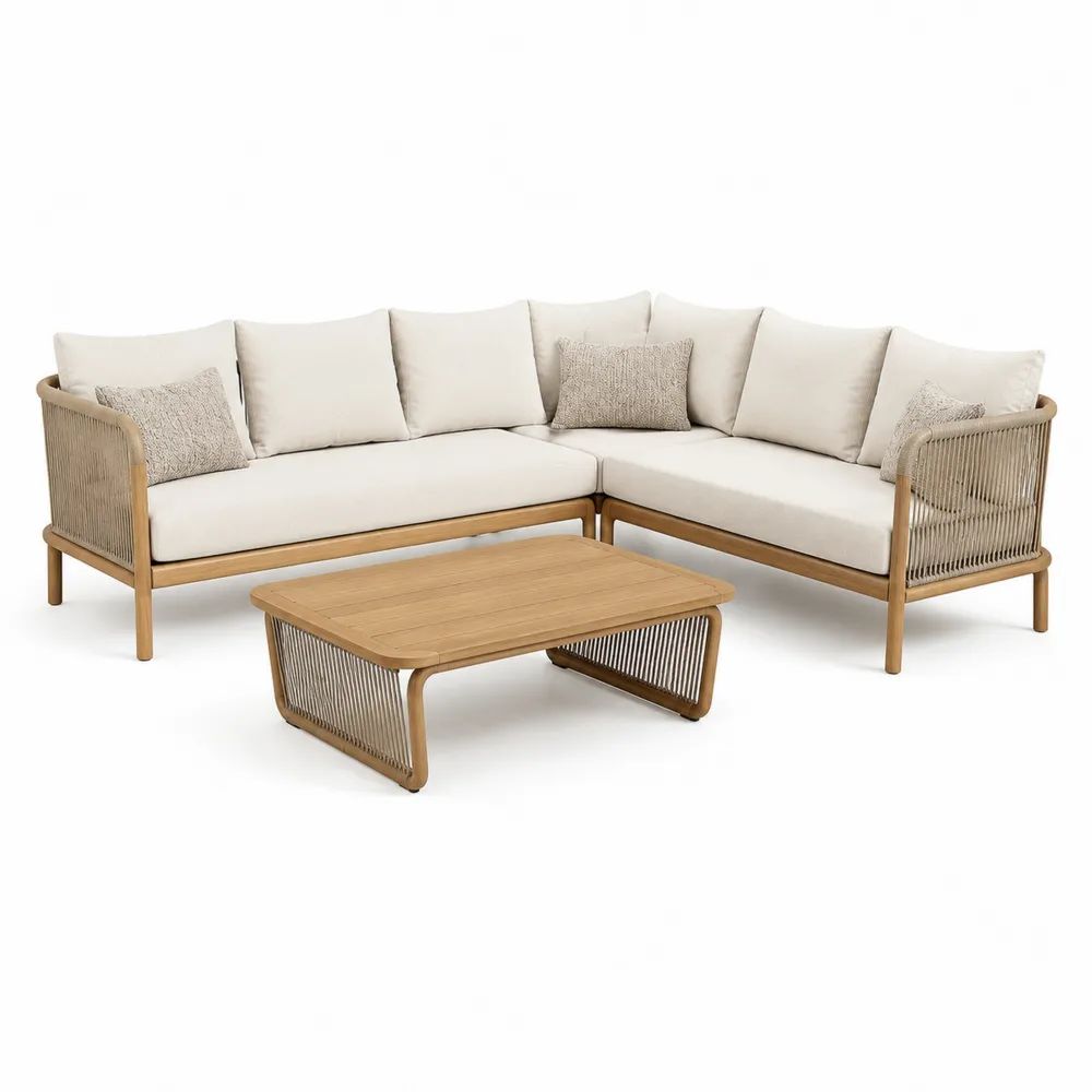 Salon de jardin d’angle 3 pièces 5 places en acacia massif et corde en polypropylène, beige écru, 195 × 195 × 76 cm, table basse 110 × 65 × 38 cm