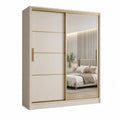 Armoire 2 portes coulissantes avec miroir, bois beige et métal doré, 180 × 60 × 210 cm