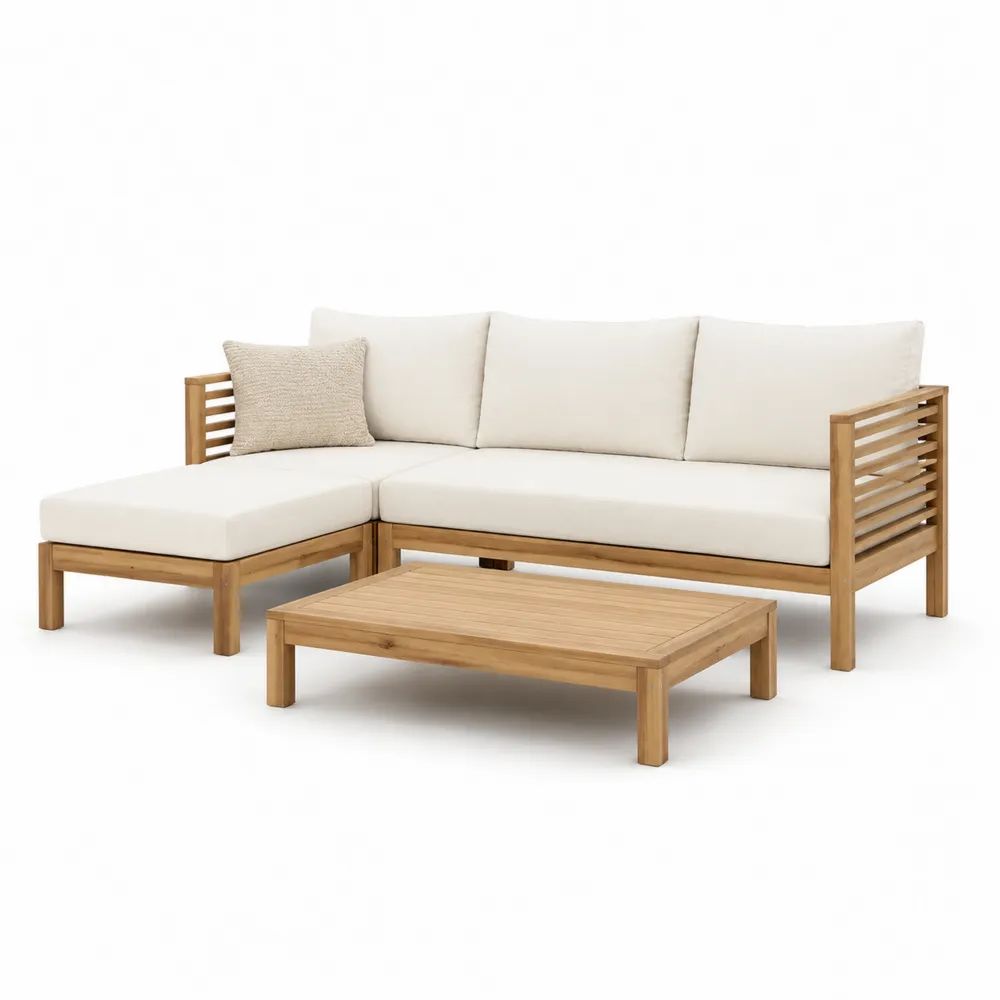 Salon de jardin extérieur 3 pièces en bois avec canapé d’angle, méridienne gauche et table basse, coussins écrus, 215 x 145 x 78 cm