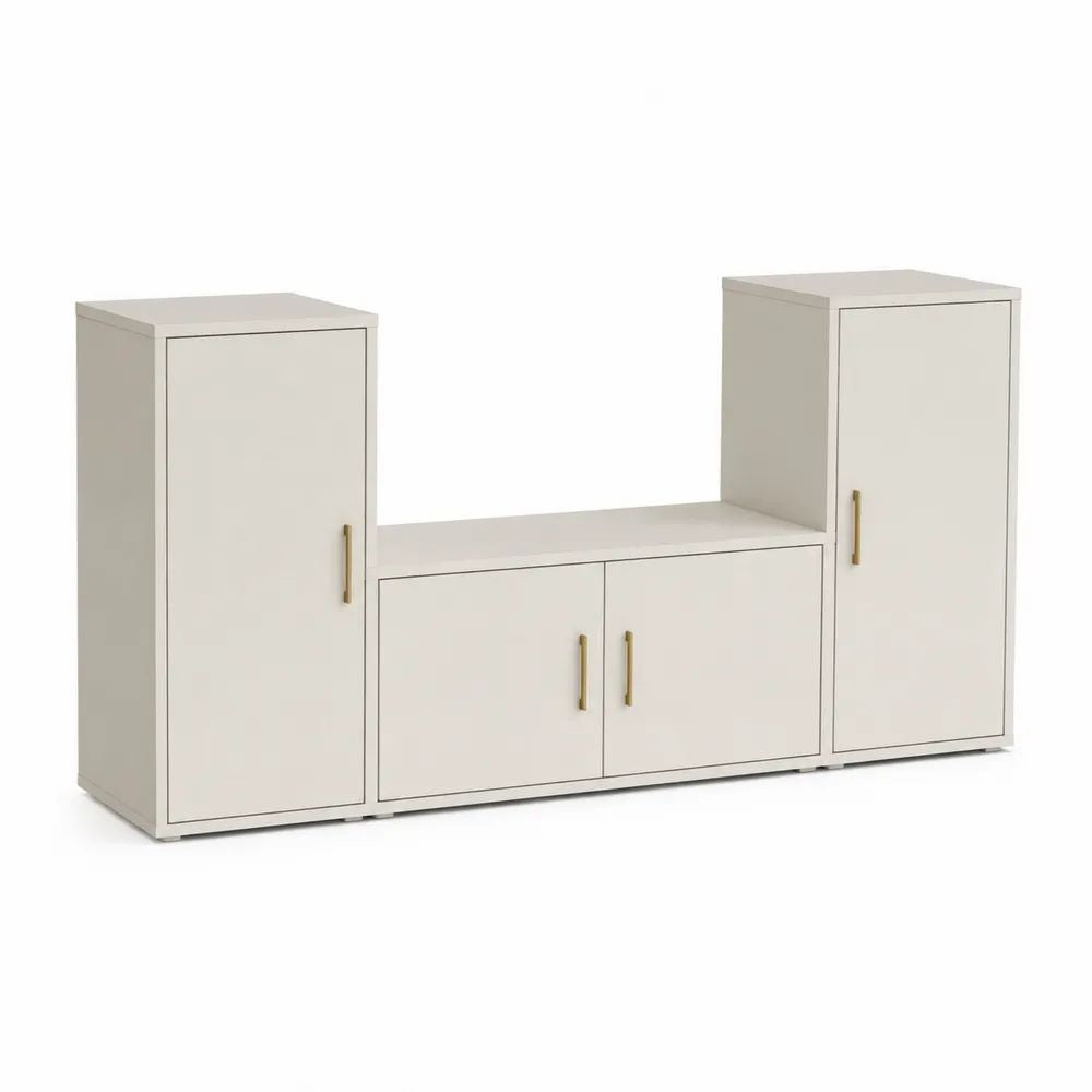 Ensemble meuble TV avec rangements, 3 éléments à 4 portes, panneaux de particules mélaminés, beige clair et doré, 240 × 40 × 140 cm