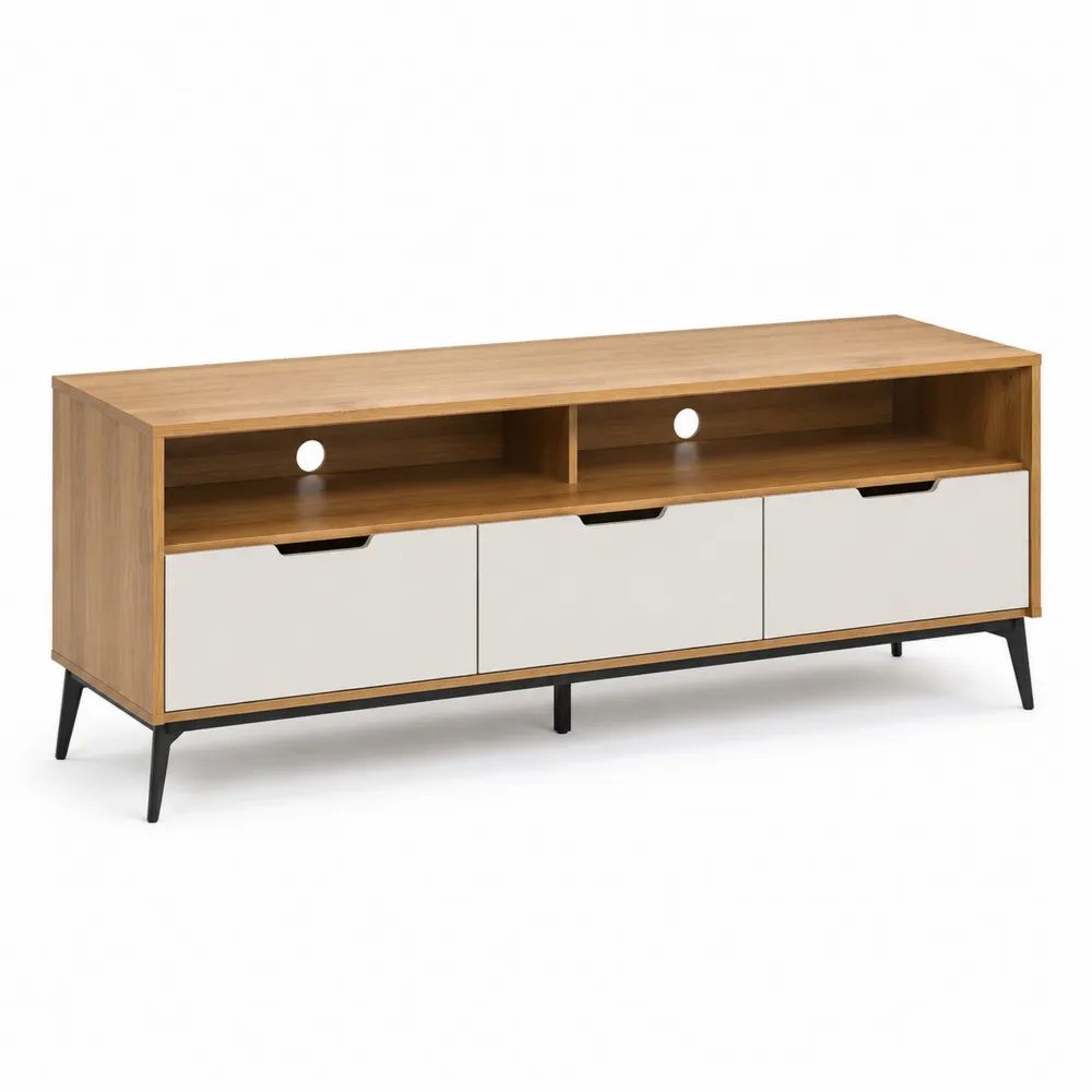 Meuble TV bas rectangulaire en bois et acier avec 3 tiroirs, 2 niches et passe-câbles, chêne naturel, blanc et noir, 150 × 40 × 60 cm