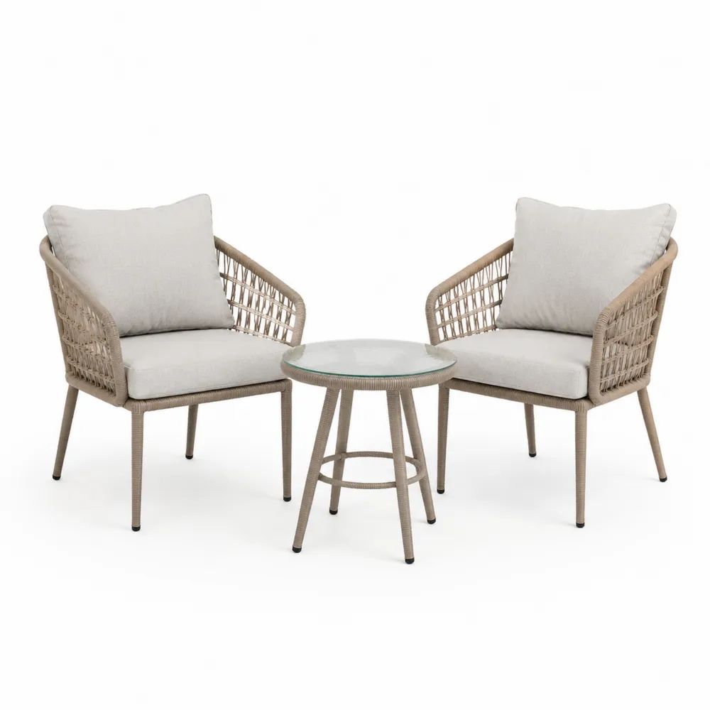 Salon de jardin extérieur 3 pièces en résine tressée PE et acier beige, 2 fauteuils 63 × 66 × 78 cm et table ronde Ø 50 × 50 cm