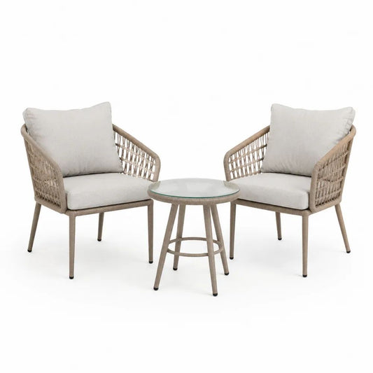 Salon de jardin extérieur 3 pièces en résine tressée PE et acier beige, 2 fauteuils 63 × 66 × 78 cm et table ronde Ø 50 × 50 cm