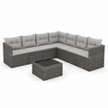 Salon de jardin d’angle extérieur 8 pièces 7 places en résine tressée et métal gris, avec coussins et table basse, 252 x 252 x 73 cm