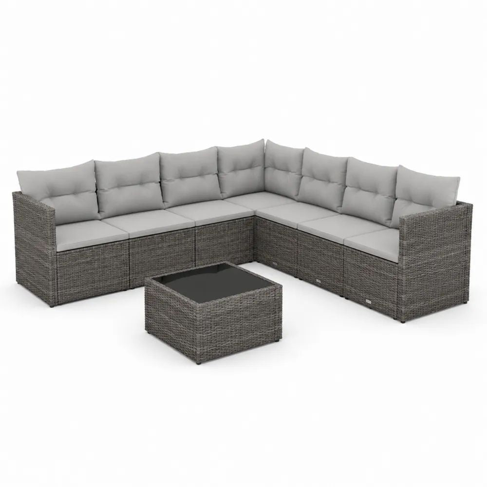 Salon de jardin d’angle extérieur 8 pièces 7 places en résine tressée et métal gris, avec coussins et table basse, 252 x 252 x 73 cm