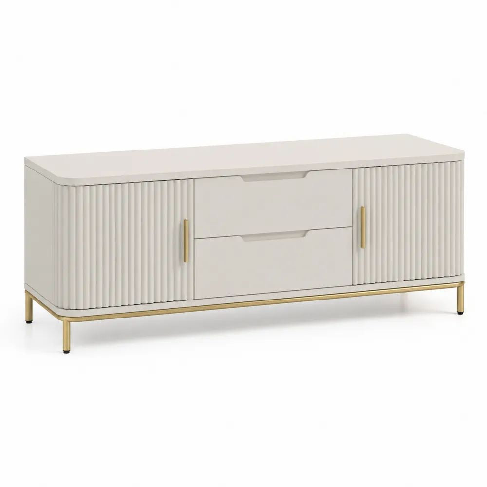 Meuble TV bas rectangulaire en MDF et acier avec 2 portes et 2 tiroirs, blanc cassé et doré, 160 × 40 × 65 cm