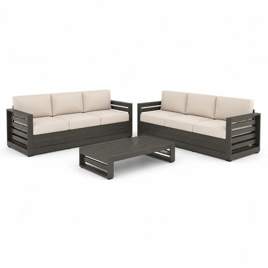 Salon de jardin extérieur 3 pièces 6 places en acacia massif anthracite avec coussins beige, canapés 190 × 75 × 70 cm et table basse 120 × 60 × 35 cm