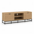 Meuble TV bas rectangulaire avec 2 portes et 2 niches en bois et acier, chêne naturel et noir, 180 × 40 × 65 cm